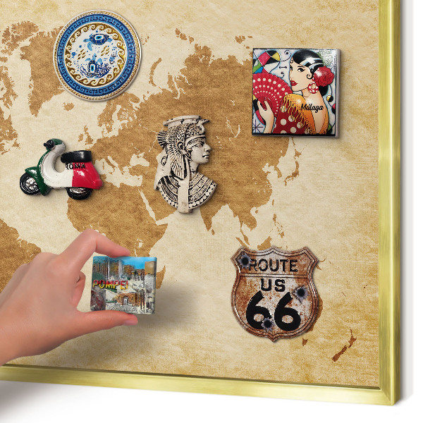 Metal magnet board with a gold frame Vintage map