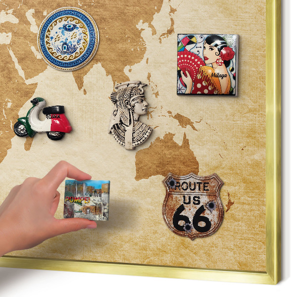 Metal magnet board with a gold frame Vintage map