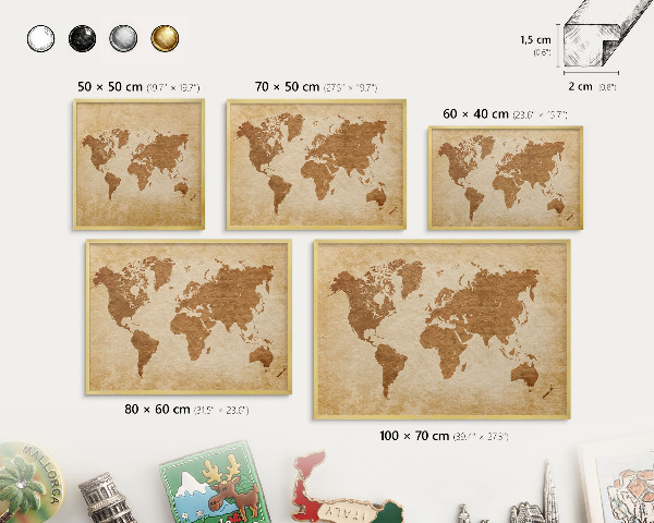 Metal magnet board with a gold frame Vintage map