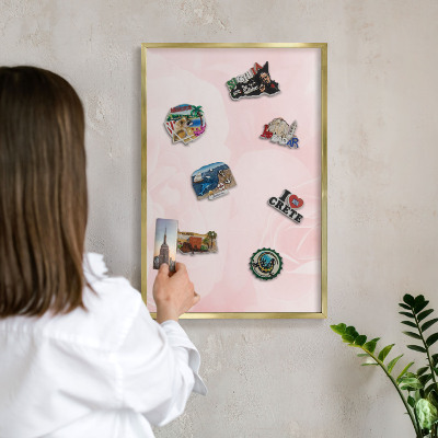 Metal magnet board with a gold frame Delicate pink
