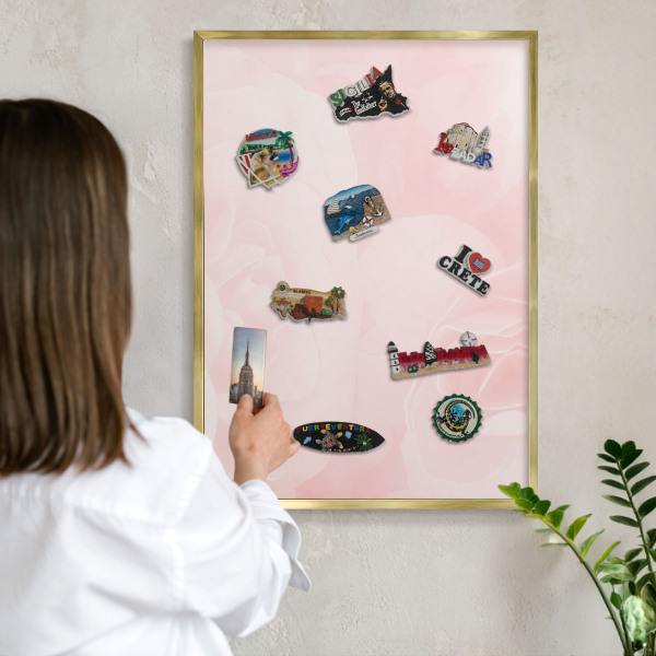 Metal magnet board with a gold frame Delicate pink