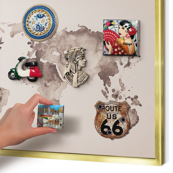 Metal magnet board with a gold frame World map
