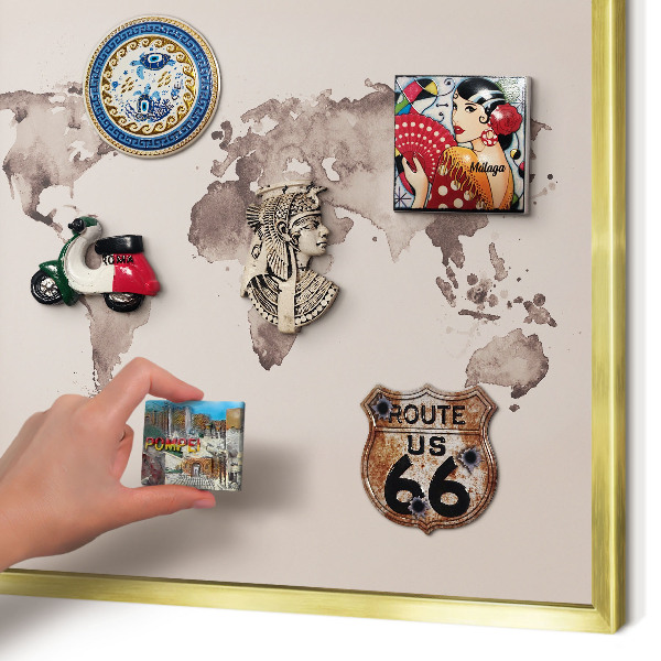 Metal magnet board with a gold frame World map