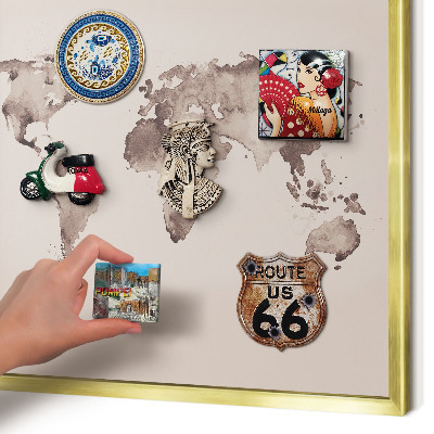 Metal magnet board with a gold frame World map