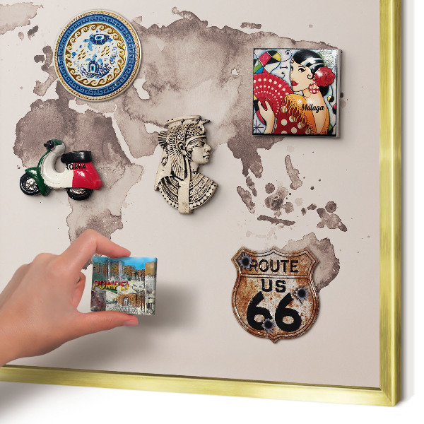 Metal magnet board with a gold frame World map