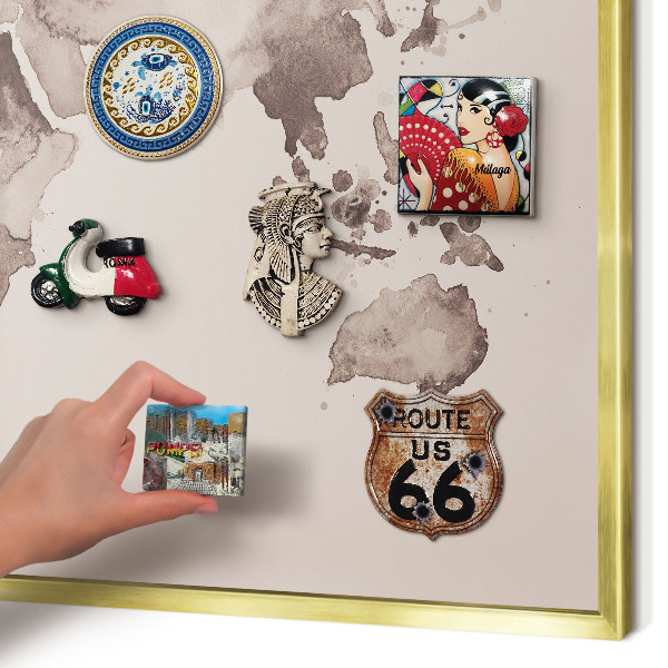 Metal magnet board with a gold frame World map