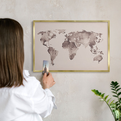 Metal magnet board with a gold frame World map