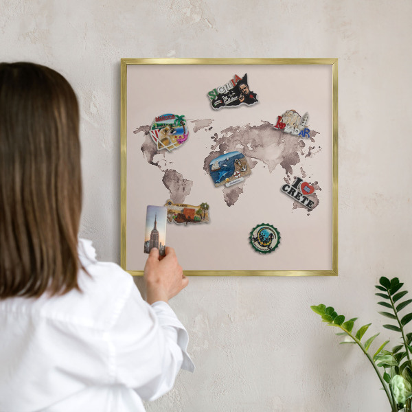 Metal magnet board with a gold frame World map