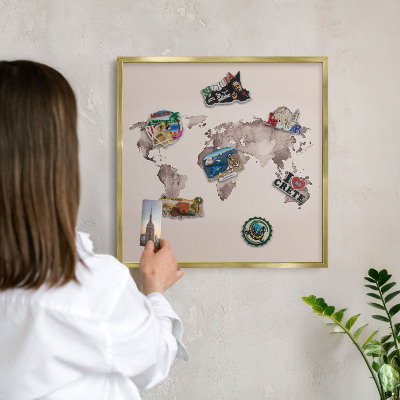 Metal magnet board with a gold frame World map