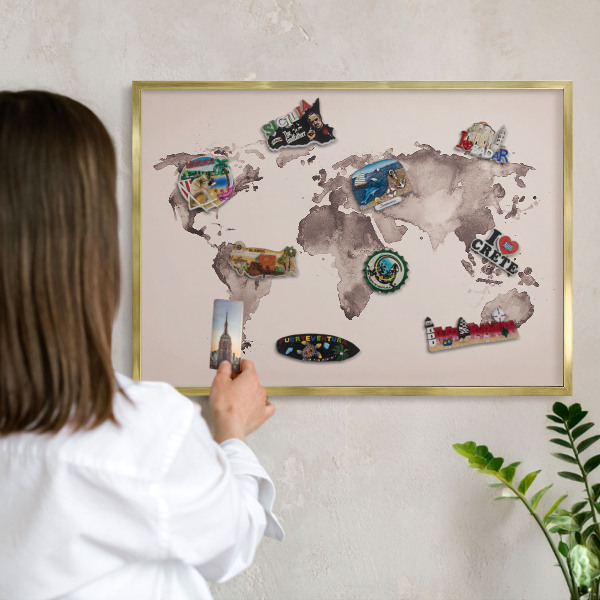 Metal magnet board with a gold frame World map