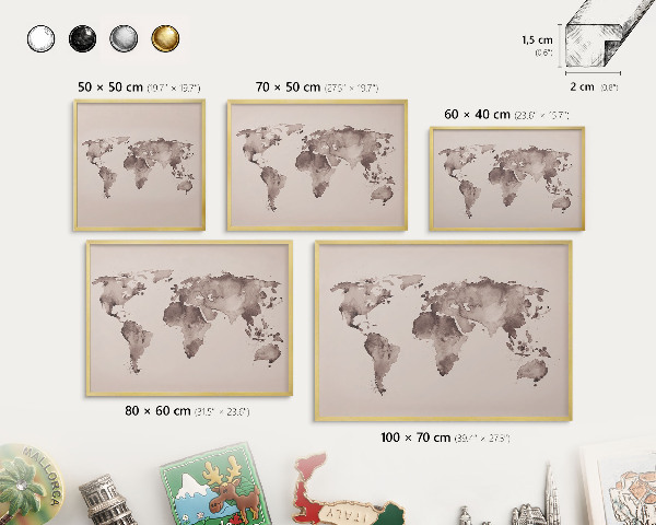 Metal magnet board with a gold frame World map