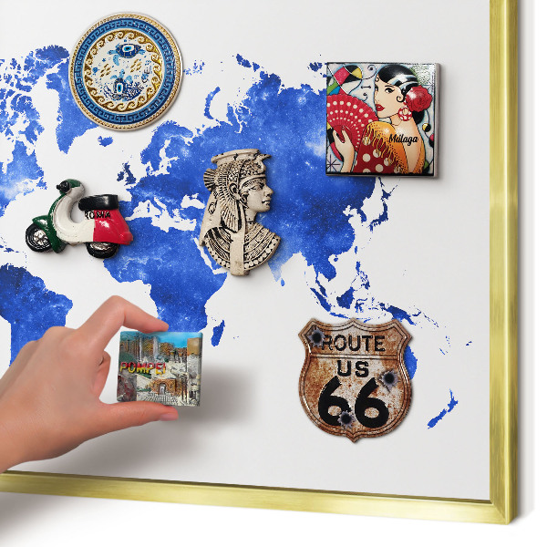 Metal magnet board with a gold frame World map