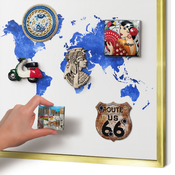 Metal magnet board with a gold frame World map