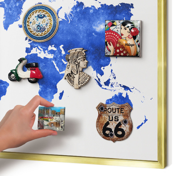 Metal magnet board with a gold frame World map