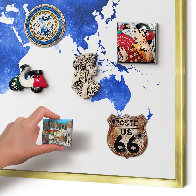 Metal magnet board with a gold frame World map