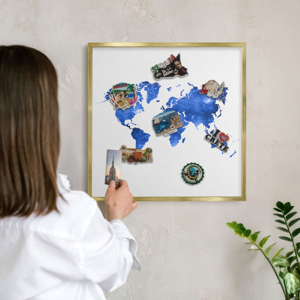 Metal magnet board with a gold frame World map