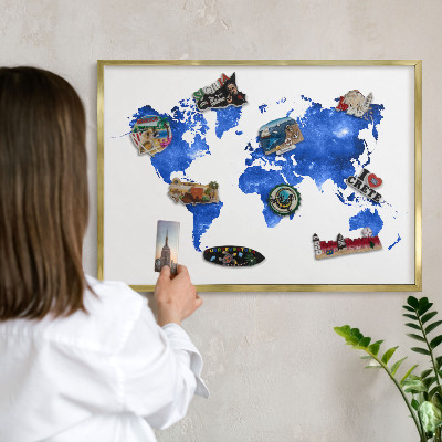 Metal magnet board with a gold frame World map