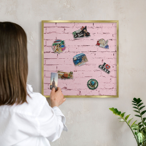 Metal magnet board with a gold frame Pink brick