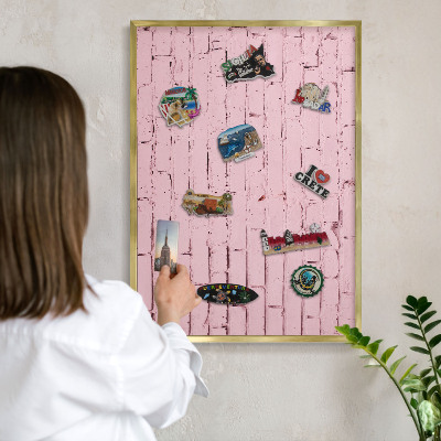 Metal magnet board with a gold frame Pink brick