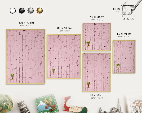 Metal magnet board with a gold frame Pink brick