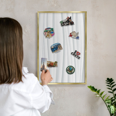 Metal magnet board with a gold frame White waves