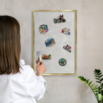 Metal magnet board with a gold frame Gray marble