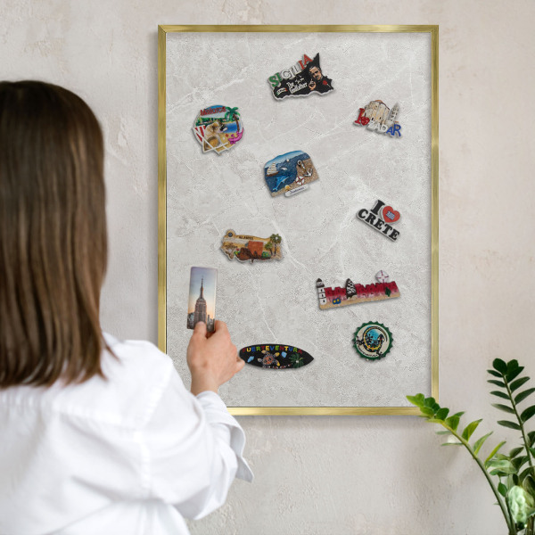 Metal magnet board with a gold frame Gray marble