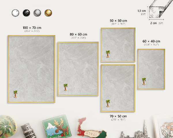 Metal magnet board with a gold frame Gray marble