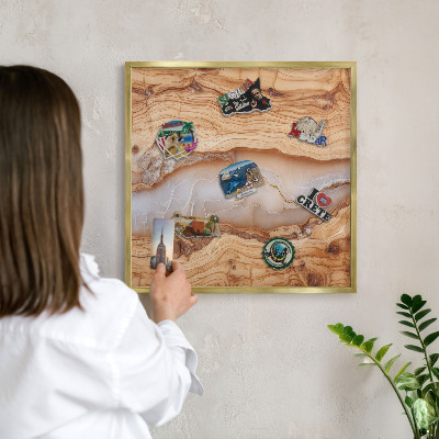 Metal magnet board with a gold frame Wooden elegance