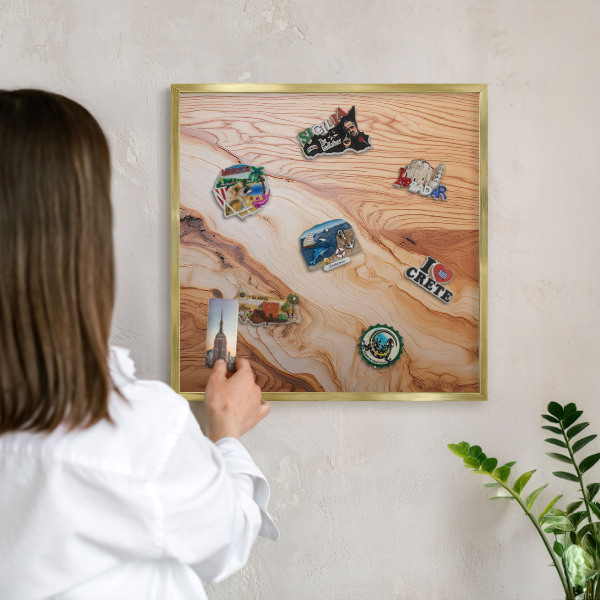 Magnetic board for magnets in a gold frame Wooden texture