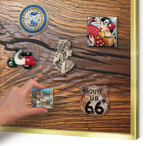 Metal magnet board with a gold frame Wood texture