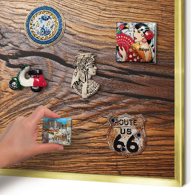 Metal magnet board with a gold frame Wood texture