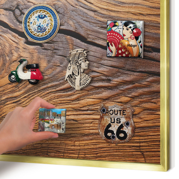 Metal magnet board with a gold frame Wood texture