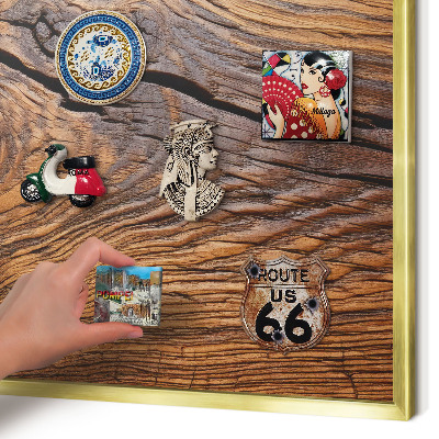 Metal magnet board with a gold frame Wood texture