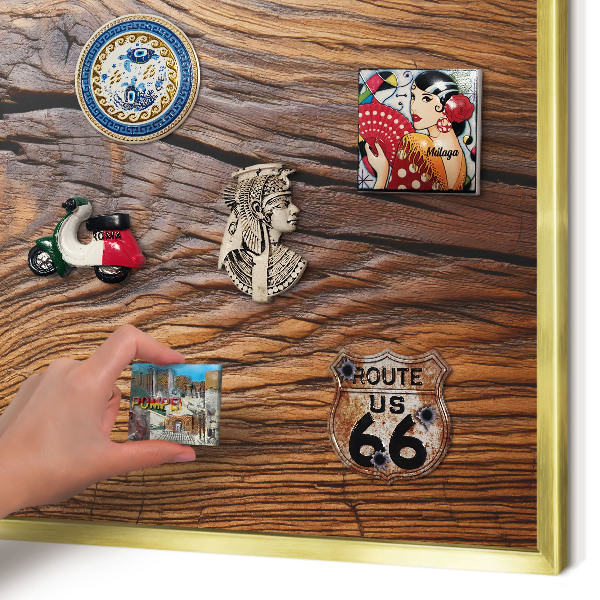 Metal magnet board with a gold frame Wood texture
