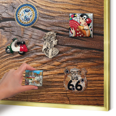 Metal magnet board with a gold frame Wood texture