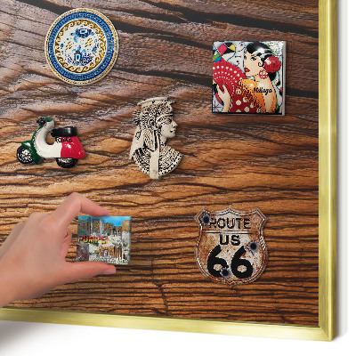 Metal magnet board with a gold frame Wood texture