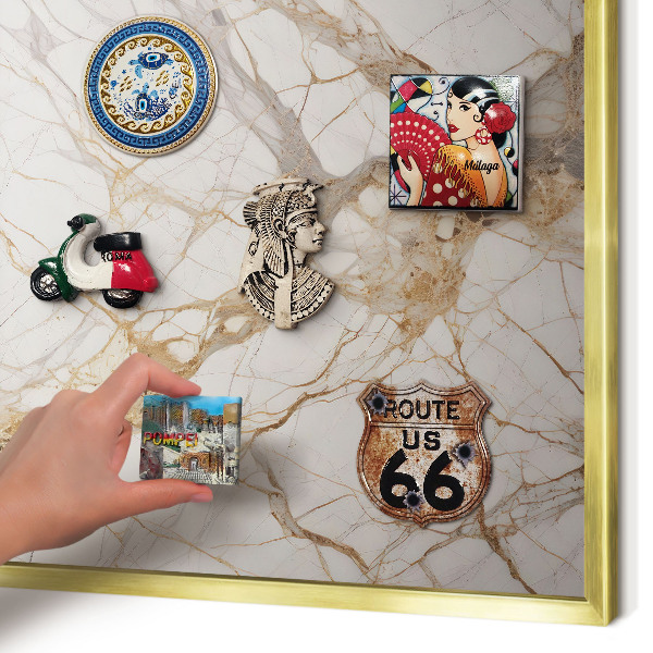 Metal magnet board with a gold frame Marble elegance