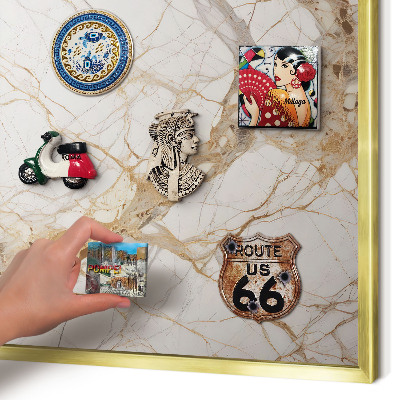 Metal magnet board with a gold frame Marble elegance