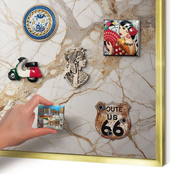 Metal magnet board with a gold frame Marble elegance
