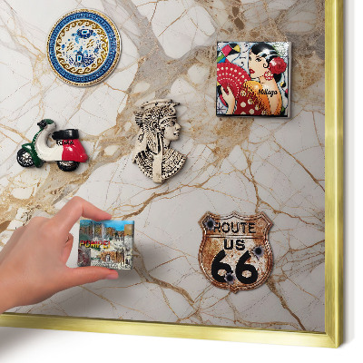 Metal magnet board with a gold frame Marble elegance