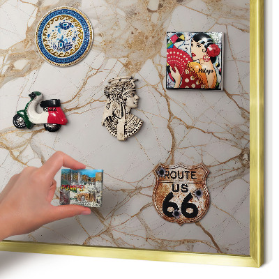 Metal magnet board with a gold frame Marble elegance