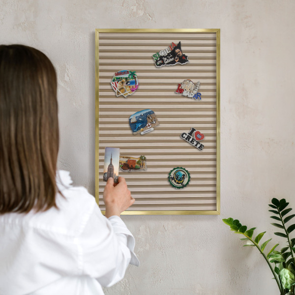 Metal magnet board with a gold frame Wooden slats