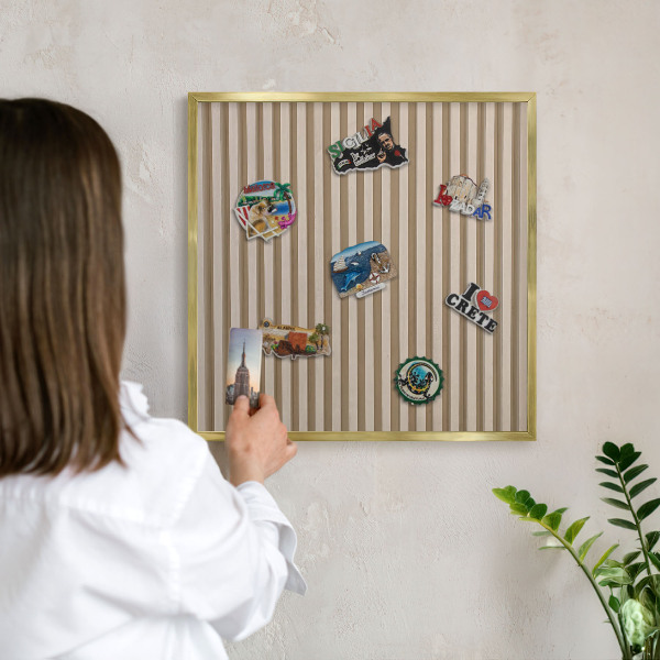 Metal magnet board with a gold frame Wooden slats