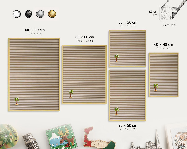 Metal magnet board with a gold frame Wooden slats