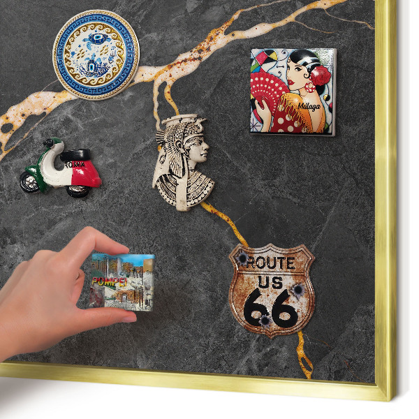Metal magnet board with a gold frame Marble ribbons