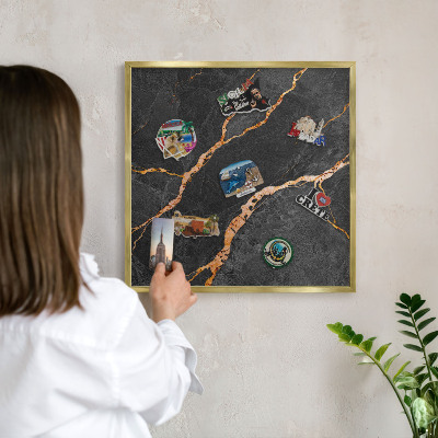 Metal magnet board with a gold frame Marble ribbons