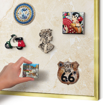 Metal magnet board with a gold frame Delicate marble