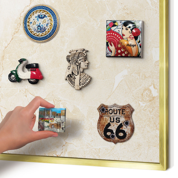 Metal magnet board with a gold frame Delicate marble