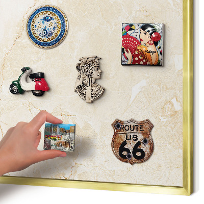 Metal magnet board with a gold frame Delicate marble